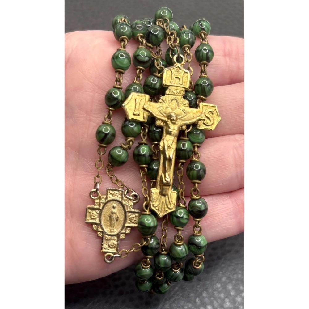 Vintage Catholic Rosary Green Black Swirl Beads Cross Crucifix Gold Tone 28"